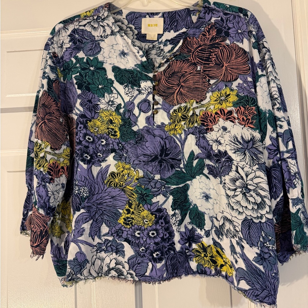 Maeve From Anthropologie Morgan Floral Raw Hem Blouse Size Medium